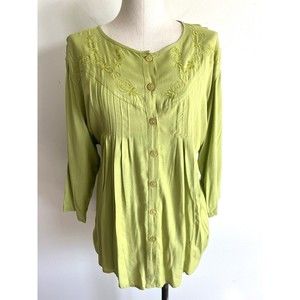Vtg Original Anthony Tunic Top Tie Back Embroidered Button Spring Green Size 1X